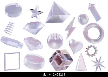 Various transparent glass geometric shapes in different forms. 3d rendering Stock Photo