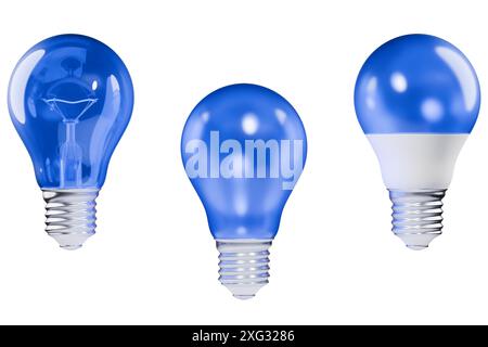 Three blue glass light bulbs of different designs on a white isolated background. 3d rendering Stock Photo