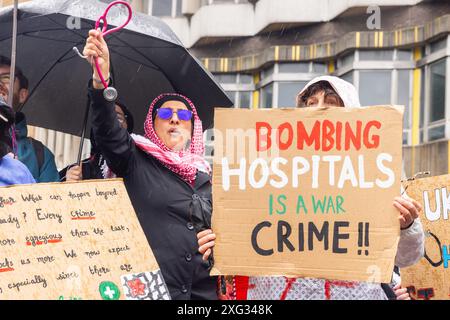 London, UK. 06 JUL, 2024. Healthworkers demonstrate at the National March for Palestine organised by the Palestine Solidarity Campaign, this was the first march since the UK general election. Credit Milo Chandler/Alamy Live News Stock Photo