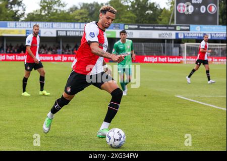 Dordrecht, Netherlands. 06th July, 2024. DORDRECHT, NETHERLANDS - JULY 6: Antef Tsoungui of Feyenoord runs with the ball during the Pre Season Friendly match between FC Dordrecht and Feyenoord at M-Scores Stadion on July 6, 2024 in Dordrecht, Netherlands. (Photo by Hans van der Valk/Orange Pictures) Credit: Orange Pics BV/Alamy Live News Stock Photo