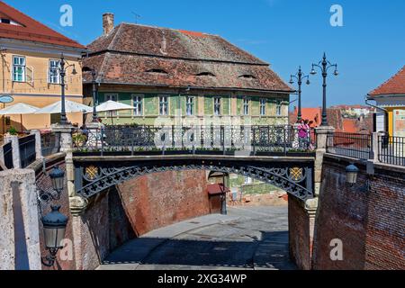 Bridge of Lies, a legendary pedestrian bridge located in the center of the Transylvanian city of Sibiu, Romania Stock Photo