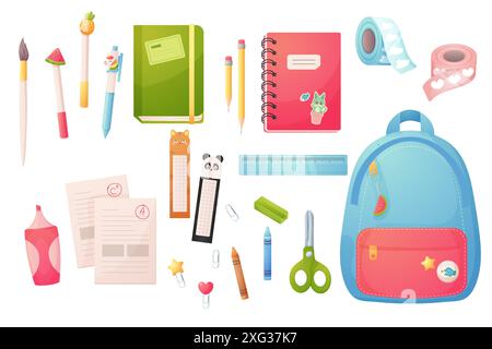 A set of stationery and school supplies. Cartoon. Back to school. Vector Stock Vector