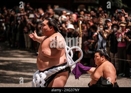 JULY 6, 2024 - Sumo grand champion Terunofuji Haruo (left) performs a dohyo-iri purification ceremony at Atsuta Shrine in Nagoya, Japan. Each year, prior to the start of the Nagoya Grand Sumo Tournament, sumo grand champions, or yokozuna, perform the ceremony to pray for a safe tournament, or basho. The Nagoya Basho is one of six major tournaments held throughout the country each year. Credit: Ben Weller/AFLO/Alamy Live News Stock Photo