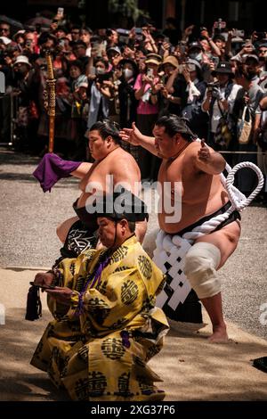 JULY 6, 2024 - Sumo grand champion Terunofuji Haruo (right) performs a dohyo-iri purification ceremony at Atsuta Shrine in Nagoya, Japan. Each year, prior to the start of the Nagoya Grand Sumo Tournament, sumo grand champions, or yokozuna, perform the ceremony to pray for a safe tournament, or basho. The Nagoya Basho is one of six major tournaments held throughout the country each year. Credit: Ben Weller/AFLO/Alamy Live News Stock Photo