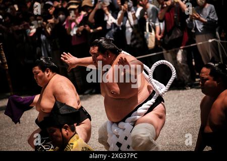 JULY 6, 2024 - Sumo grand champion Terunofuji Haruo (center) performs a dohyo-iri purification ceremony at Atsuta Shrine in Nagoya, Japan. Each year, prior to the start of the Nagoya Grand Sumo Tournament, sumo grand champions, or yokozuna, perform the ceremony to pray for a safe tournament, or basho. The Nagoya Basho is one of six major tournaments held throughout the country each year. Credit: Ben Weller/AFLO/Alamy Live News Stock Photo