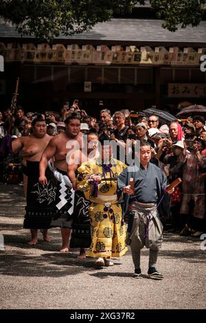 JULY 6, 2024 - Sumo grand champion Terunofuji Haruo (second from left) enters a ceremonial dohy at Atsuta Shrine in Nagoya, Japan. Each year, prior to the start of the Nagoya Grand Sumo Tournament, sumo grand champions, or yokozuna, perform a dohyo-iri purification ceremony. The tournament, known as the Nagoya Basho, is one of six major tournaments held throughout the country each year. Credit: Ben Weller/AFLO/Alamy Live News Stock Photo