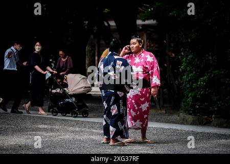 JULY 6, 2024 - Sumo wrestlers wearing yukata wait for the start of the dohyo-iri purification ceremony at Atsuta Shrine in Nagoya, Japan. Each year prior to the start of the Nagoya Grand Sumo Tournament, sumo grand champions, or yokozuna, perform a purification ceremony. The tournament, known as the Nagoya Basho, is one of six major tournaments held throughout the country each year. Credit: Ben Weller/AFLO/Alamy Live News Stock Photo