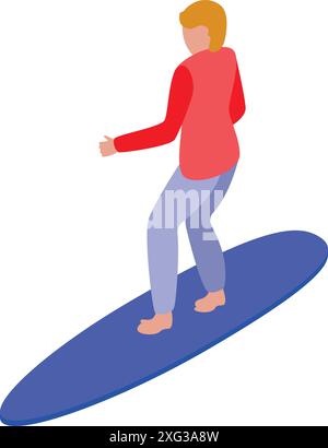 Surfer riding a surfboard, balancing on a wave, summer sport 3d isometric illustration Stock Vector