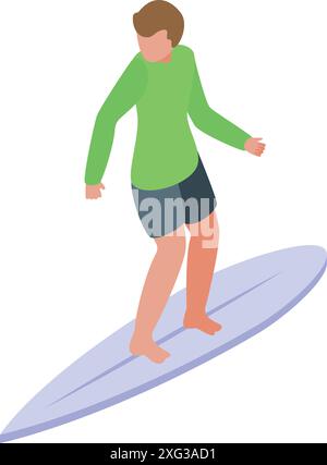 3d isometric illustration of a young man surfing on a blue surfboard Stock Vector