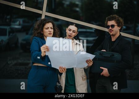 Business team reviewing documents outside office building Stock Photo