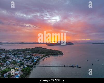 Aerial view Amazing The sky looked like flames over the islands. panorama view Majestic landscape pink sky above the island. wonderful nature cloudsca Stock Photo