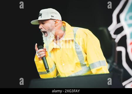 DENMARK COPENAGHEN, COPENHELL FESTIVAL  JUNE 19TH: Fred Durst. singer of the American nu metal band Limp Bizkit, performing live on stage at the Copenhell Festival 2024 Stock Photo