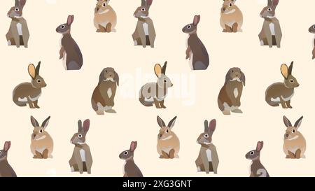 Rabbits vector seamless pattern. Surface pattern design. Brown colored  rabbits in different poses. Vector adjustable pattern. Two background colors Stock Vector