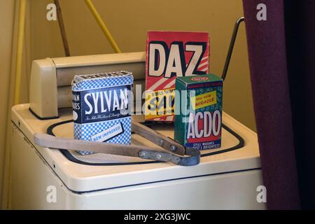 Vintage washing powder cartons on display. Stock Photo