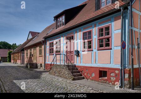 typical historic half-timbered houses in Fürstenberg/Havel, Uckermark, Brandenburg, Germany, Europe Stock Photo