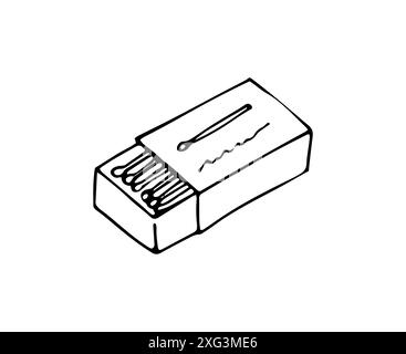 Hand-drawn matchbox with matchsticks. Wooden sticks for making bonfire. Open carton pack of wood sticks. Fire tool in a cardboard package. Stock Vector