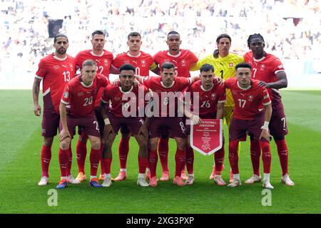 (back to front, left to right) Switzerland's Ricardo Rodriguez, Fabian Schar, Granit Xhaka, Manuel Akanji, goalkeeper Yann Sommer, Breel Embolo, Michel Aebischer, Dan Ndoye, Remo Freuler, Fabian Rieder and Ruben Vargas before the UEFA Euro 2024, quarter-final match at the Dusseldorf Arena, Germany. Picture date: Saturday July 6, 2024. Stock Photo