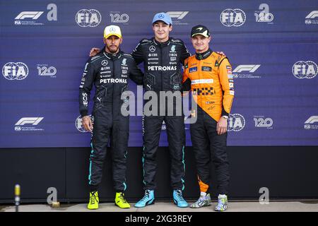 HAMILTON Lewis (gbr), Mercedes AMG F1 Team W15, RUSSELL George (gbr), Mercedes AMG F1 Team W15 and NORRIS Lando (gbr), McLaren F1 Team MCL38, portrait during the Formula 1 Qatar Airways British Grand Prix 2024, 12th round of the 2024 Formula One World Championship from July 5 to 7, 2024 on the Silverstone Circuit, in Silverstone, United Kingdom Stock Photo