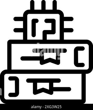 Microchip standing on books representing artificial intelligence learning its abilities from studying Stock Vector
