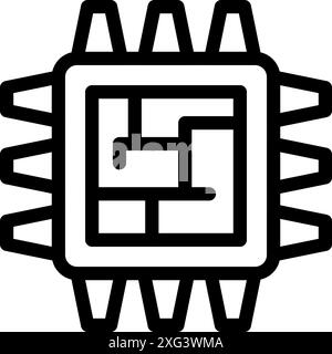 Line art icon of a microchip, featuring a detailed printed circuit board design Stock Vector