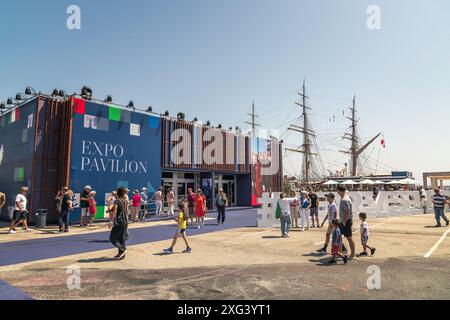 San Pedro, CA, USA – July 5, 2024: The Amerigo Vespucci, an Italian navy training ship, docks at the Port of LA in San Pedro, CA. Stock Photo