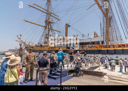 San Pedro, CA, USA – July 5, 2024: The Amerigo Vespucci, an Italian navy training ship, docks at the Port of LA in San Pedro, CA. Stock Photo