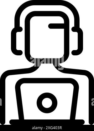 Simple outline icon of a person working on a laptop while wearing headphones Stock Vector