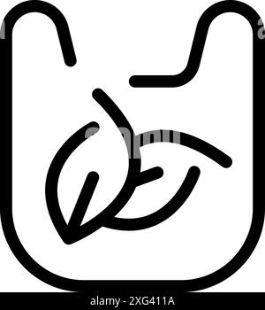 Simple black and white icon of a biodegradable plastic bag showing green leaves Stock Vector