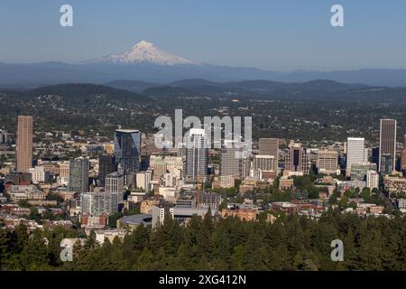 Portland Oregon downtown with Mt. Hood from the Pittock Mansion viewpoint. Stock Photo