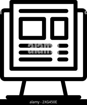 Simple black and white icon of a desktop computer displaying a website homepage layout design Stock Vector