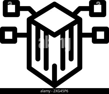 Black and white icon of a blockchain network connecting through a cube symbolising decentralised finance Stock Vector