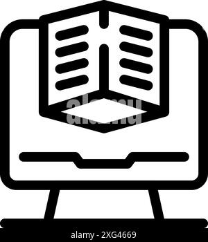 Line art icon of a computer generating a three dimensional cube, representing 3d modeling and design Stock Vector