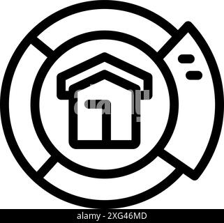 Black outline icon representing a house inside a pie chart, symbolizing real estate market share Stock Vector