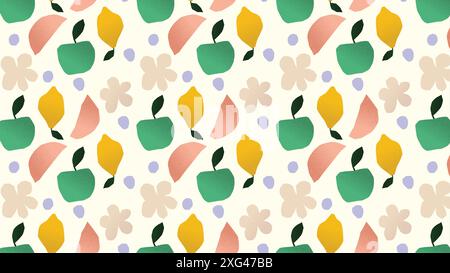 Fruits and leaves vector seamless pattern. Surface pattern design. Apple, lemon, peach, flower, leaf, blueberry Stock Vector