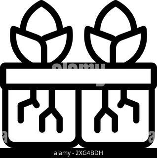 Line drawing of two plants in separate pots, their roots intertwined below the surface, illustrating the concept of connection Stock Vector