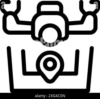 Line icon of a drone hovering over a map with a location pin, representing drone navigation and location tracking Stock Vector