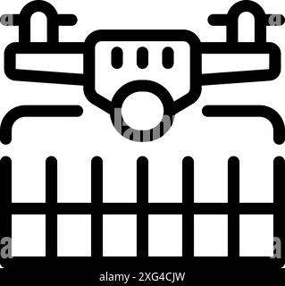 Line icon of a drone with camera scanning a prison, representing the concept of prison surveillance technology Stock Vector