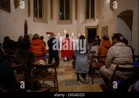 Adoration of the Blessed Sacrament in St Catherine's Chapel (Kaplnka svätej Kataríny) in Bratislava, Slovakia. Stock Photo