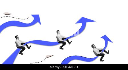 Man in business suit rides blue arrows upward, symbolizing career progression and business growth. Stock Photo