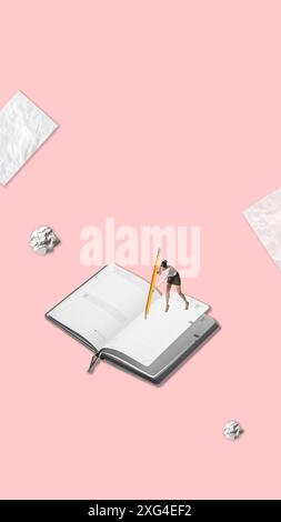 Woman with giant pencil making notes on open notebook, surrounded by crumpled paper. Brainstorming, planning, and creativity in business. Stock Photo