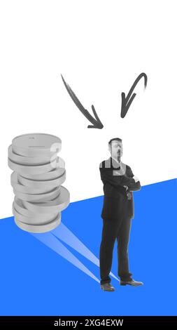 Confident businessman stands with arms crossed, next to stack of coins with arrows pointing towards him. Financial leadership. Contemporary art Stock Photo