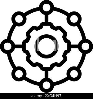 This icon represents the concept of network automation with a central gear connecting to different nodes Stock Vector