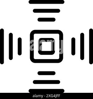 Simple black and white icon of a square transforming into vertical and horizontal lines, representing concepts like data processing, signal transmission, or digital transformation Stock Vector