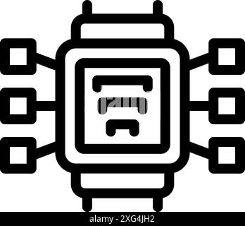 Black and white icon of a modern processor chip managing data flow with multiple connections Stock Vector
