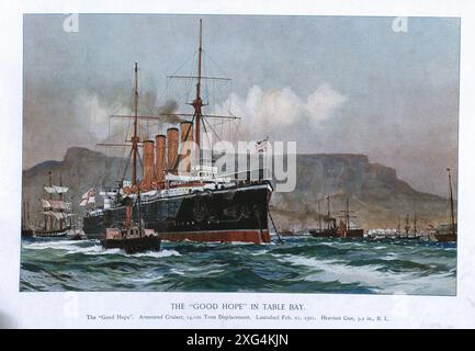 British Royal Navy warships early 20th Century, HMS Good Hope in Table Bay, was one of four Drake-class armoured cruisers Stock Photo