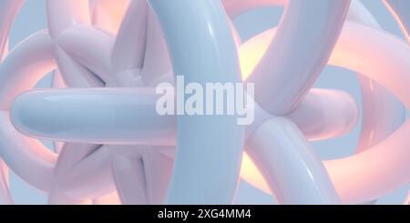 A close-up shot of a white 3D geometric shape, featuring curved, tubular forms with a glowing orange center. The form is rendered in a digital 3D envi Stock Photo