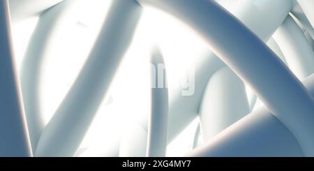 An abstract digital artwork featuring a cluster of white curved lines intricately intertwined in a three-dimensional space. A bright, white light shin Stock Photo