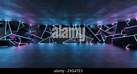 A concrete room features a geometric installation of black shapes and neon lights, casting blue and pink light across the space. Stock Photo