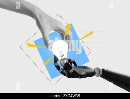 Woman touching light bulb held by robot hand on white background with computer code, creative art collage. Conceptual poster about idea and AI Stock Photo