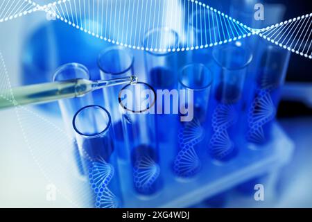 Dna Sample Container Illustrations of DNA and test tubes with samples, double exposure Stock ...